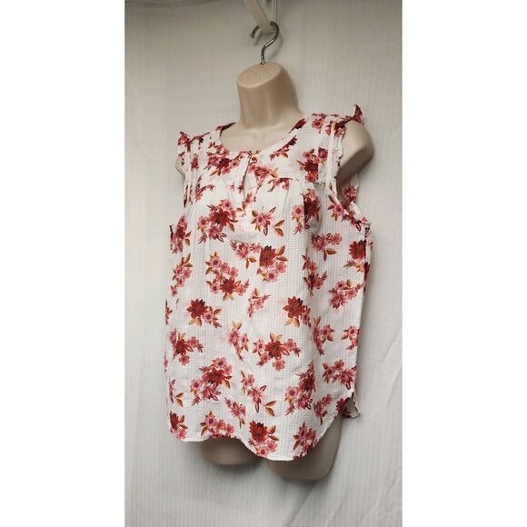 Loft Zinnia Ruffle Sleeve Split Neck Shell Red/Cream Size Large - Picture 6 of 10